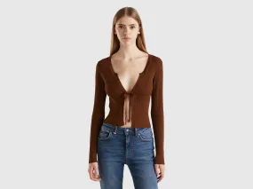 Cropped cardigan with laces - Dark Brown | Benetton