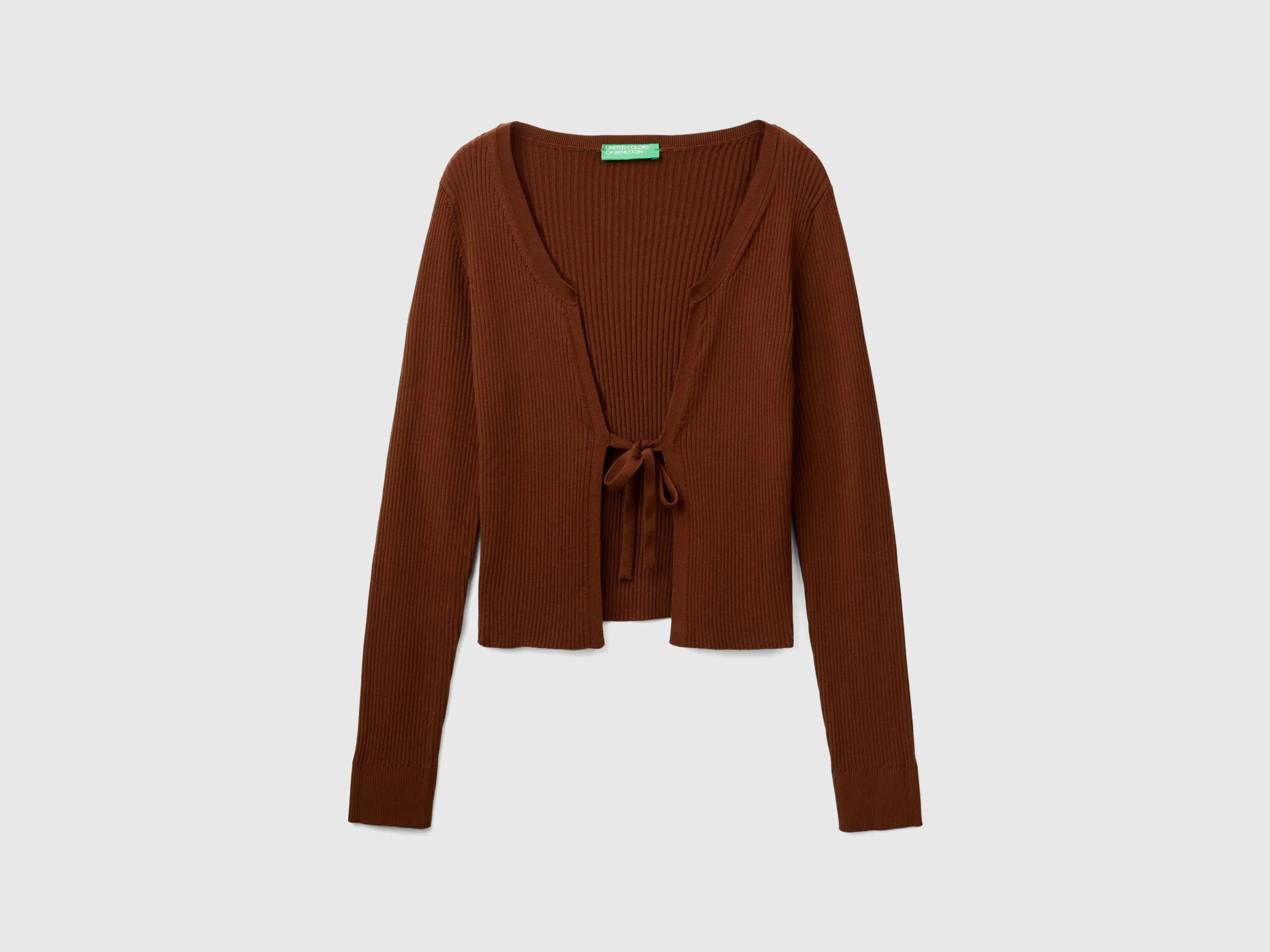 Cropped cardigan with laces - Dark Brown | Benetton