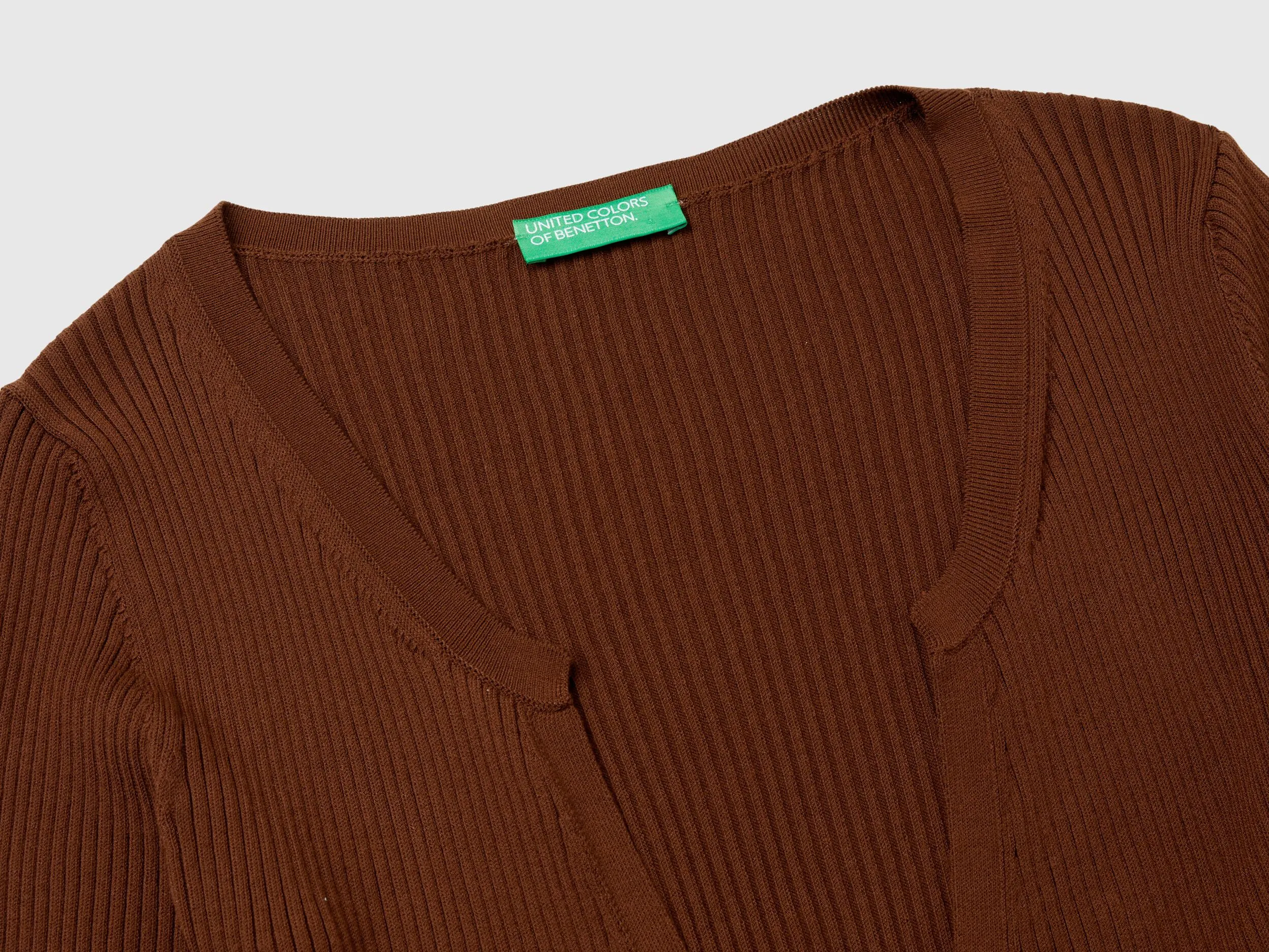 Cropped cardigan with laces - Dark Brown | Benetton