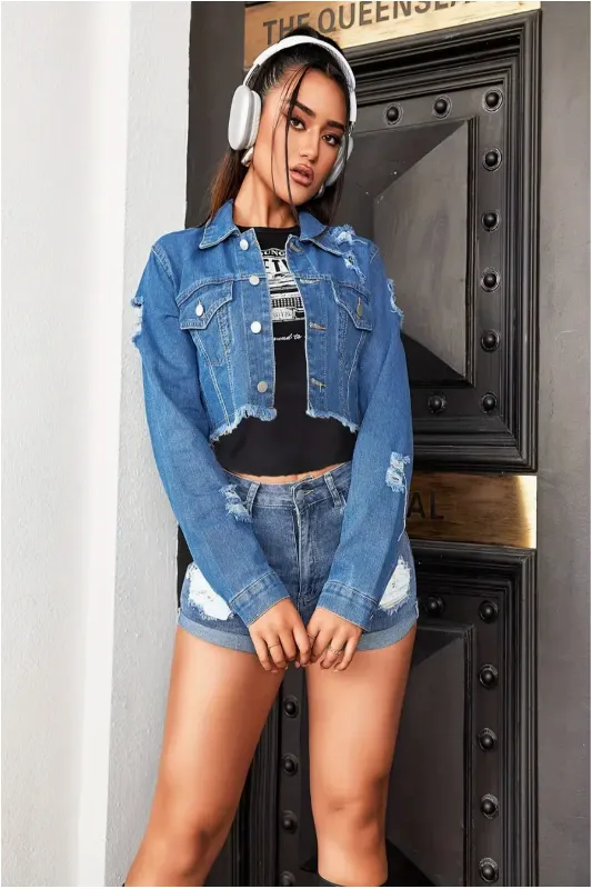 Cropped Frey Hem Denim Jacket