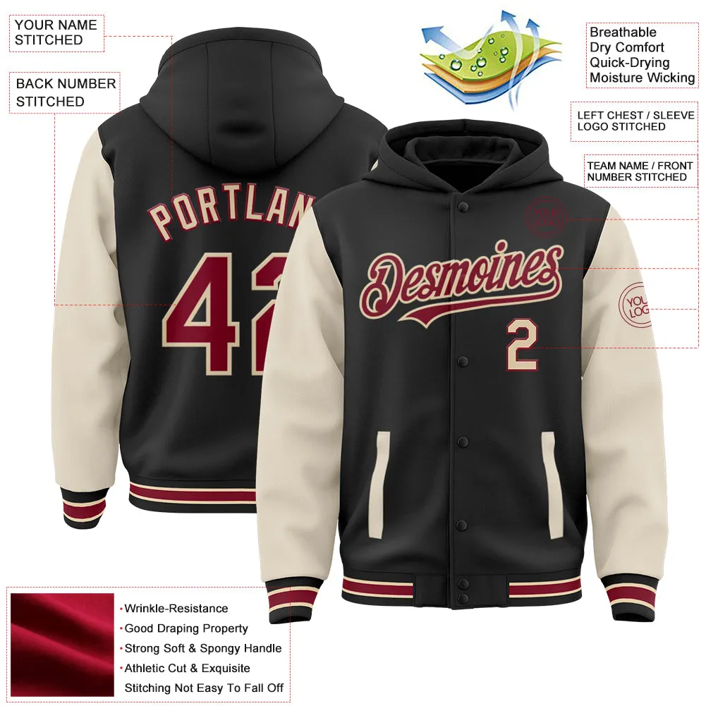 Custom Black Crimson Cream-City Cream Bomber Full-Snap Varsity Letterman Two Tone Hoodie Jacket