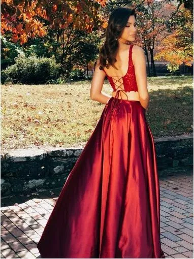 Cute Long Side Slit Two Piece Occasion Graduation Red Prom Dress Sweet 16 Dress