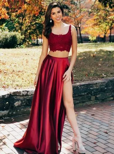 Cute Long Side Slit Two Piece Occasion Graduation Red Prom Dress Sweet 16 Dress