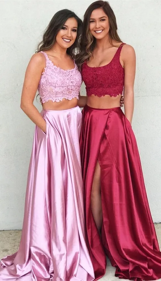 Cute Long Side Slit Two Piece Occasion Graduation Red Prom Dress Sweet 16 Dress