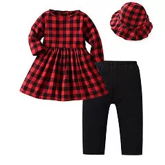 Cute Plaid Tops+Leggings Pants+Hat Outfit