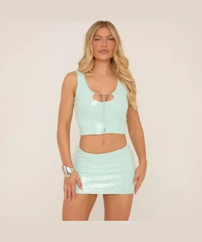 EGO Toggle Detail Sleeveless Crop Top And Mid Rise Mini Skirt Co-Ord Set In Light Blue Sequin