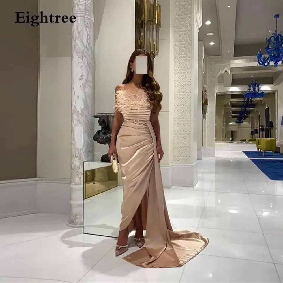 Eightree Champagne Long Feather Prom Dresses Sleeveless Side Slit Evening Dress Strapless Formal Party Gowns Vestidos De Festa S