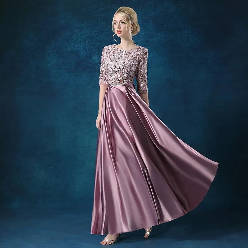 Elegant Evening Dress Long Appliques Lace Banquet Party Dress Stunning Satin Prom Dress