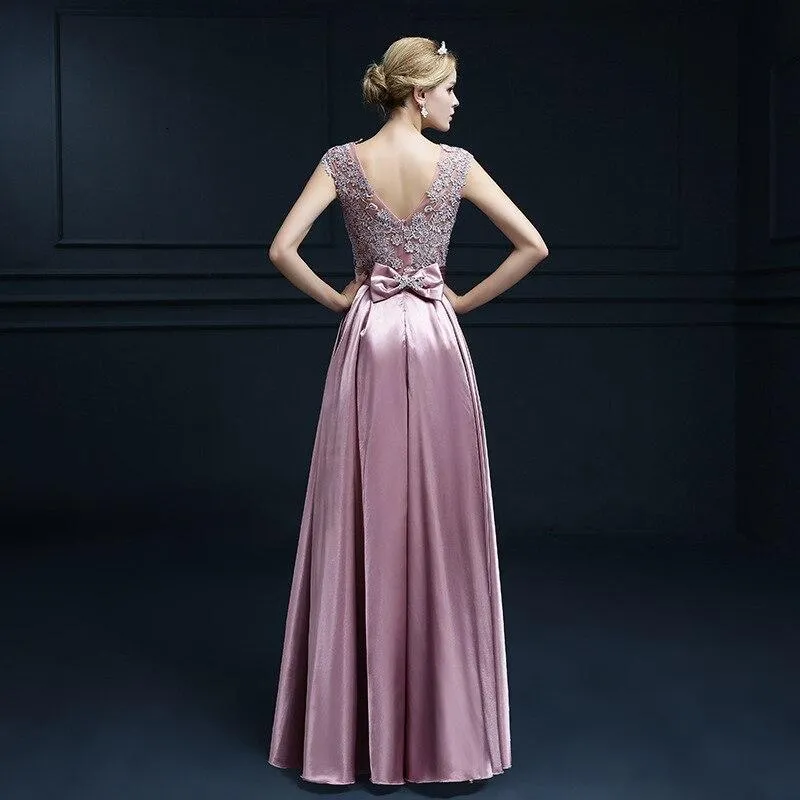 Elegant Evening Dress Long Appliques Lace Banquet Party Dress Stunning Satin Prom Dress