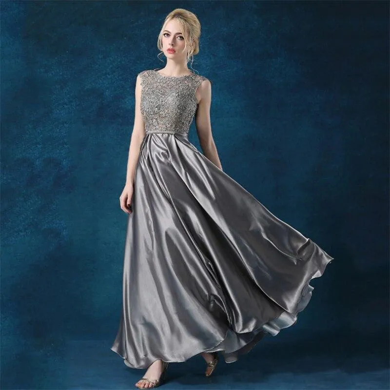 Elegant Evening Dress Long Appliques Lace Banquet Party Dress Stunning Satin Prom Dress