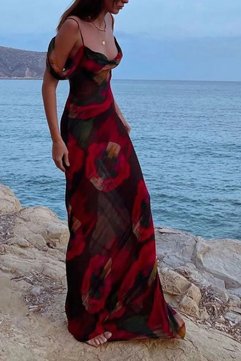 Fashion Print Patchwork Spaghetti Strap Trumpet Mermaid Dresses