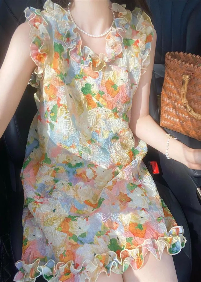 Fashion Ruffled Print Mid Dresses Sleeveless