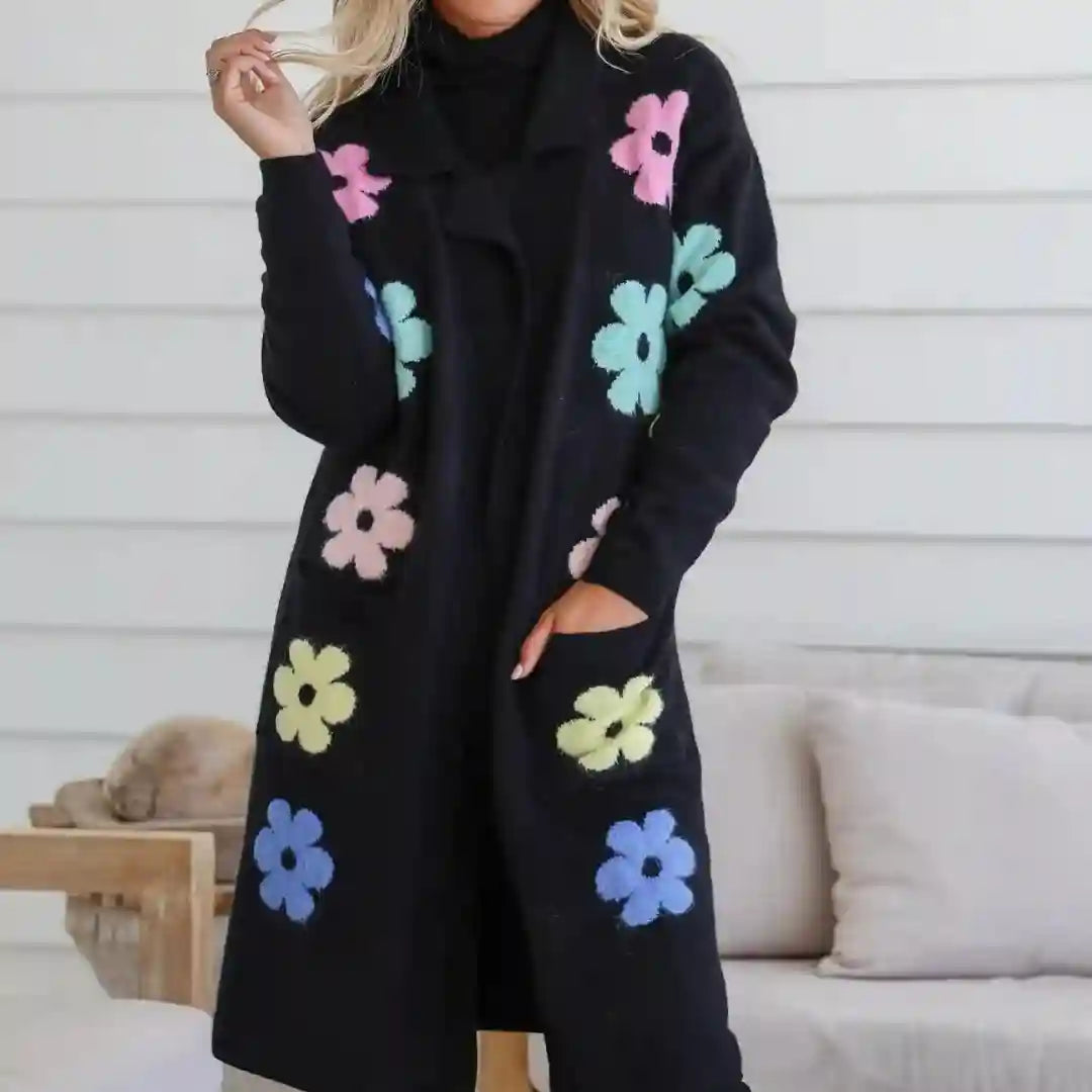 Flower Power Knit Cardigan - Black