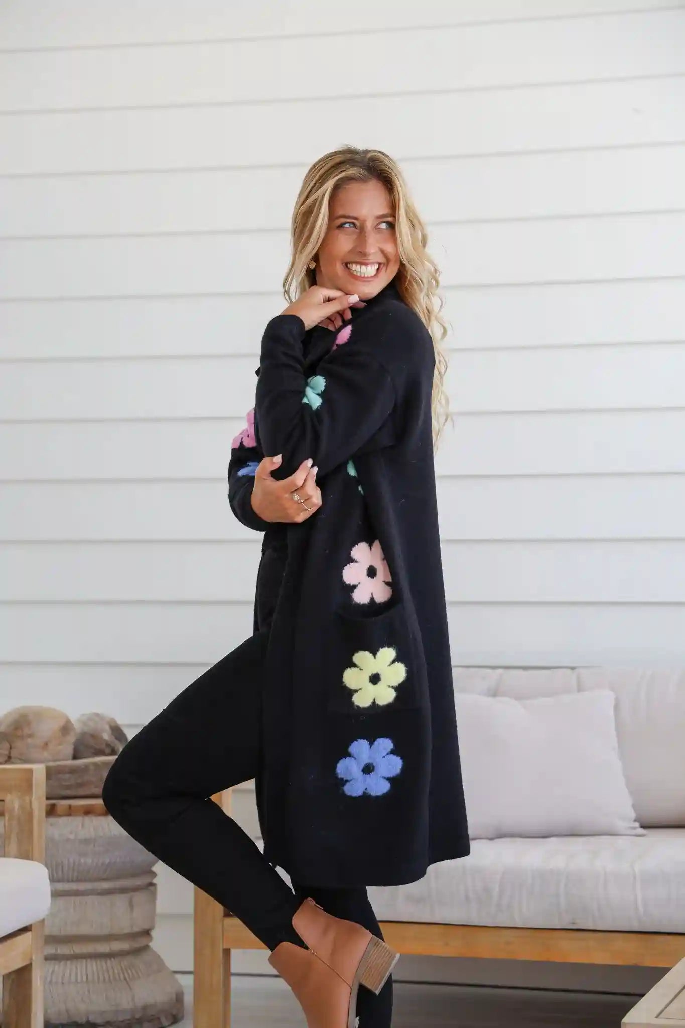 Flower Power Knit Cardigan - Black