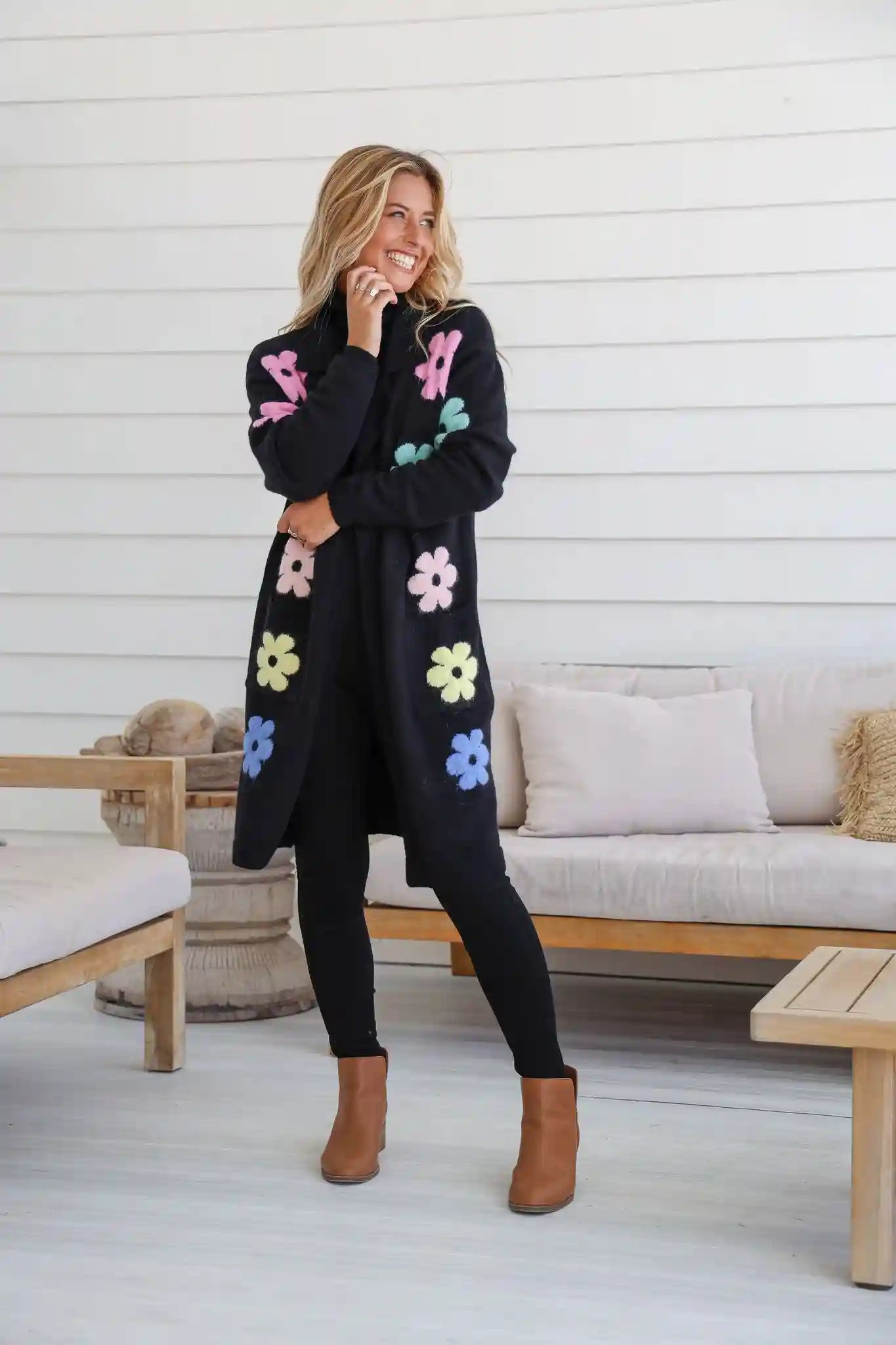 Flower Power Knit Cardigan - Black