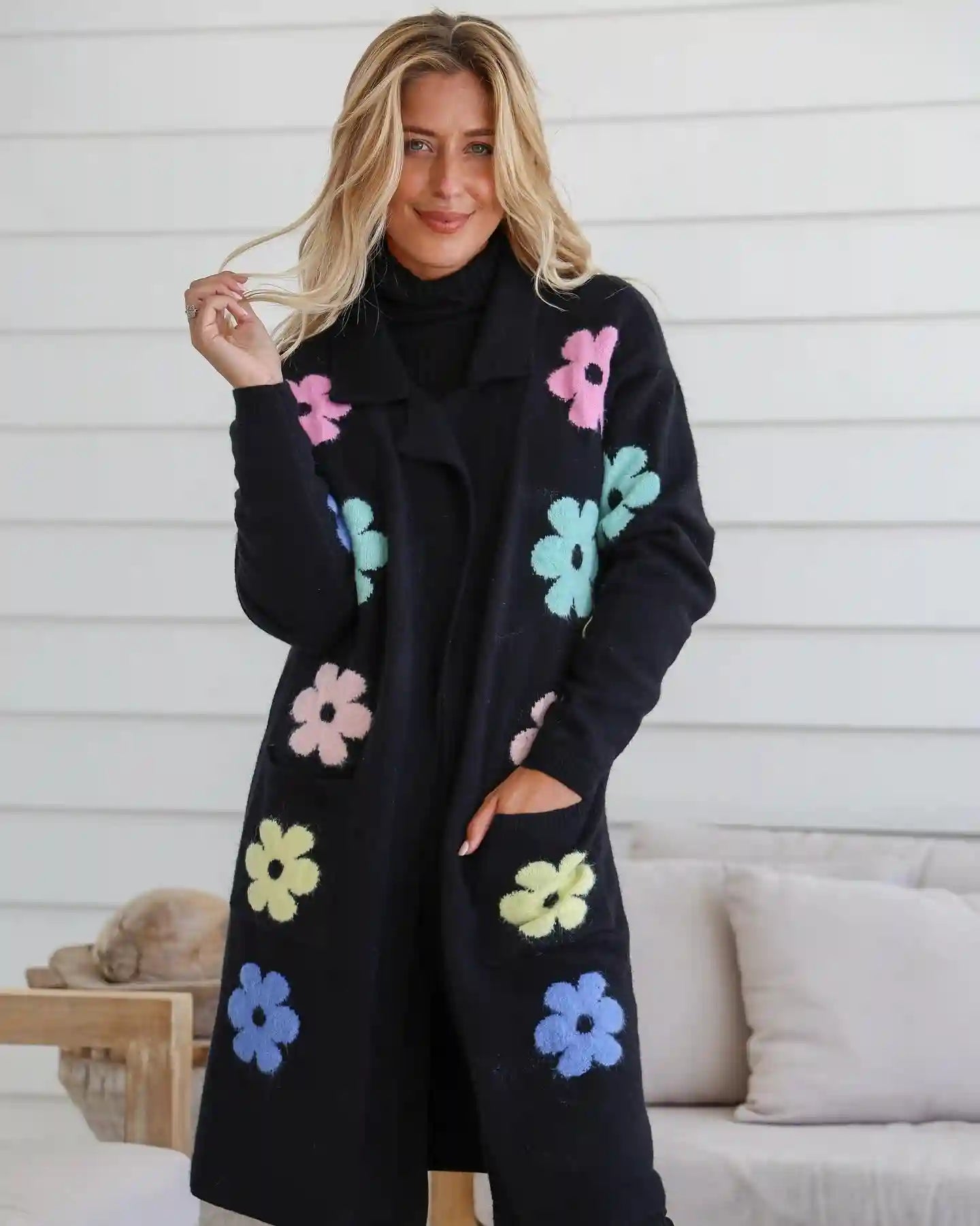 Flower Power Knit Cardigan - Black