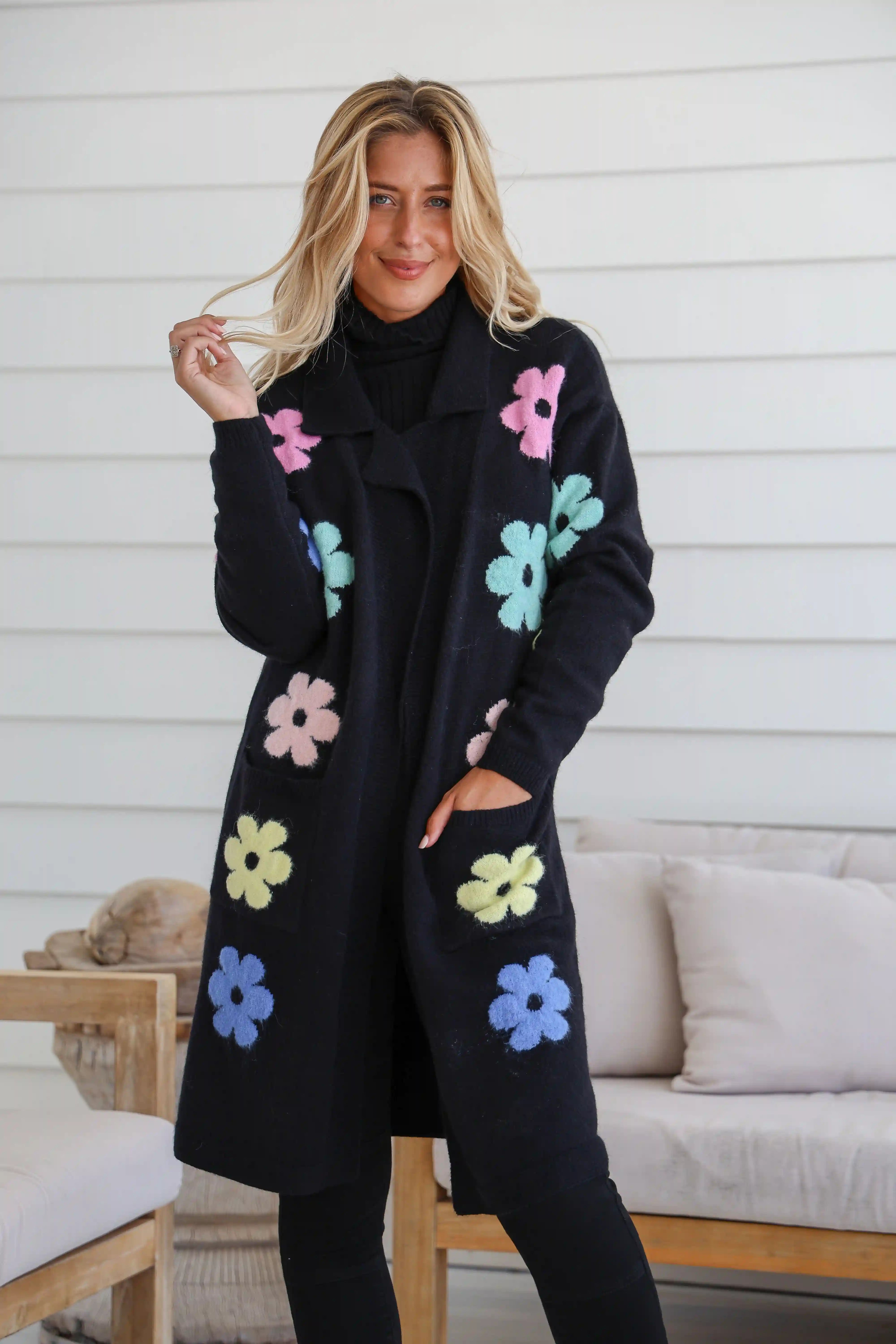 Flower Power Knit Cardigan - Black