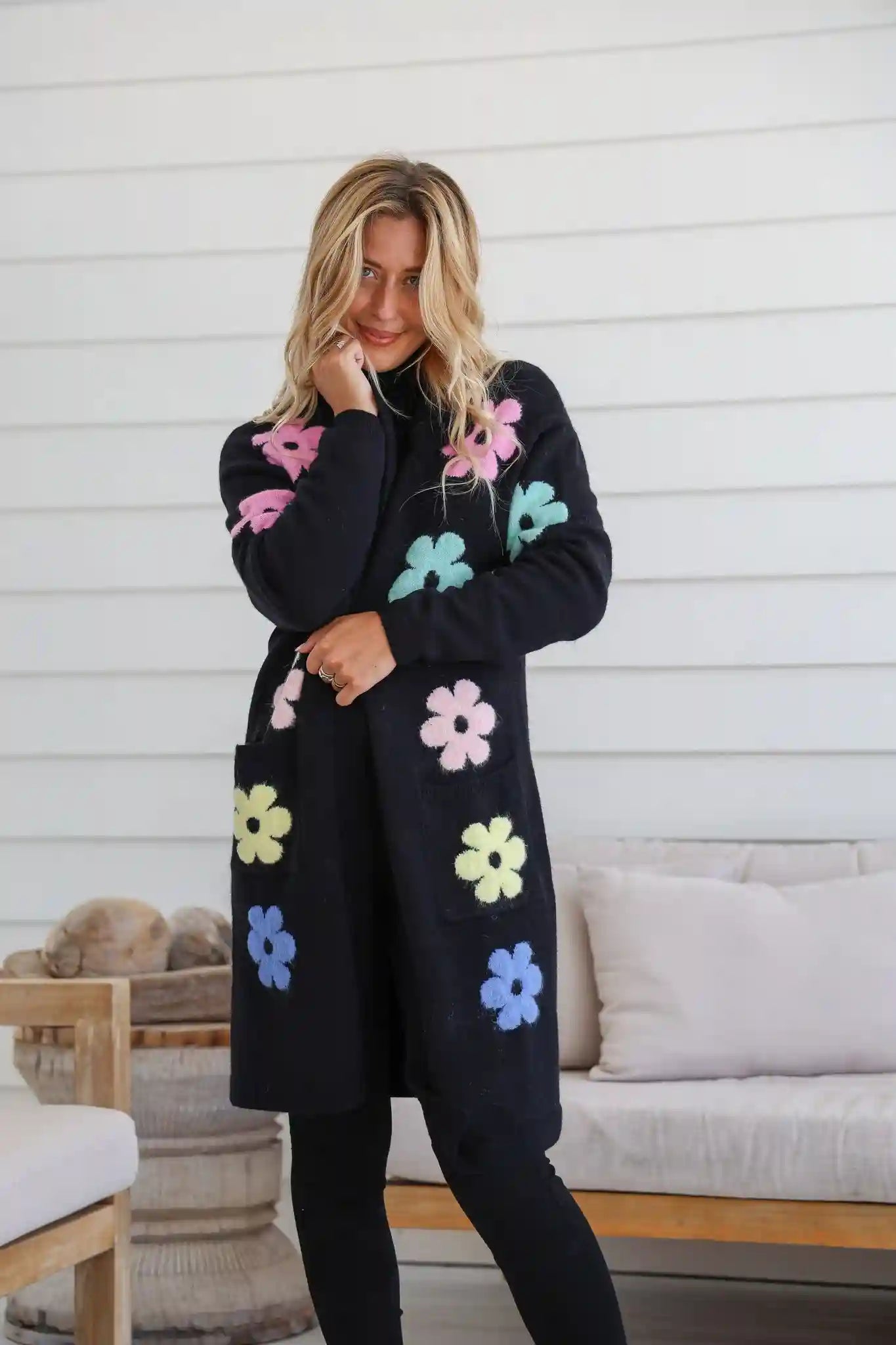 Flower Power Knit Cardigan - Black