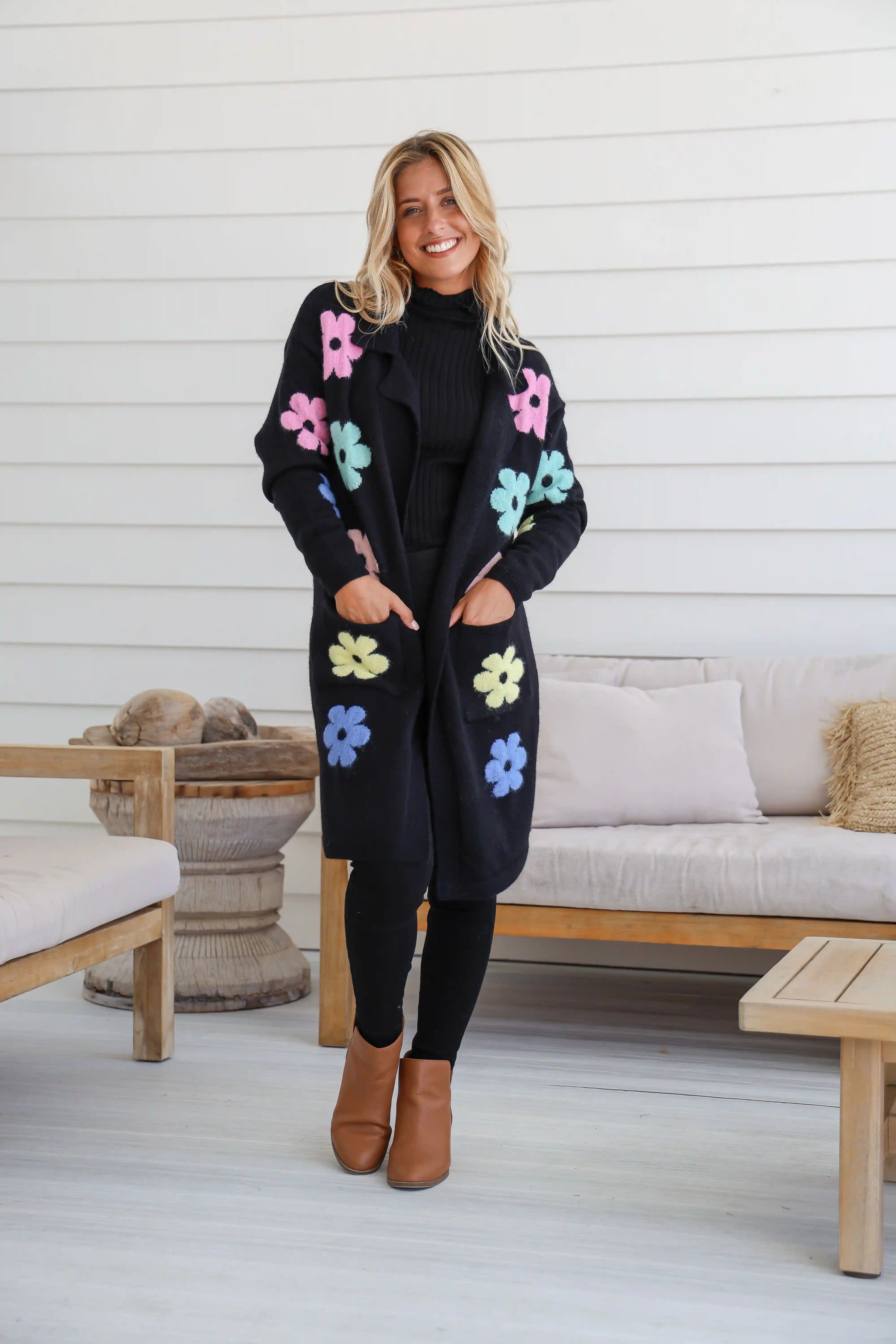 Flower Power Knit Cardigan - Black