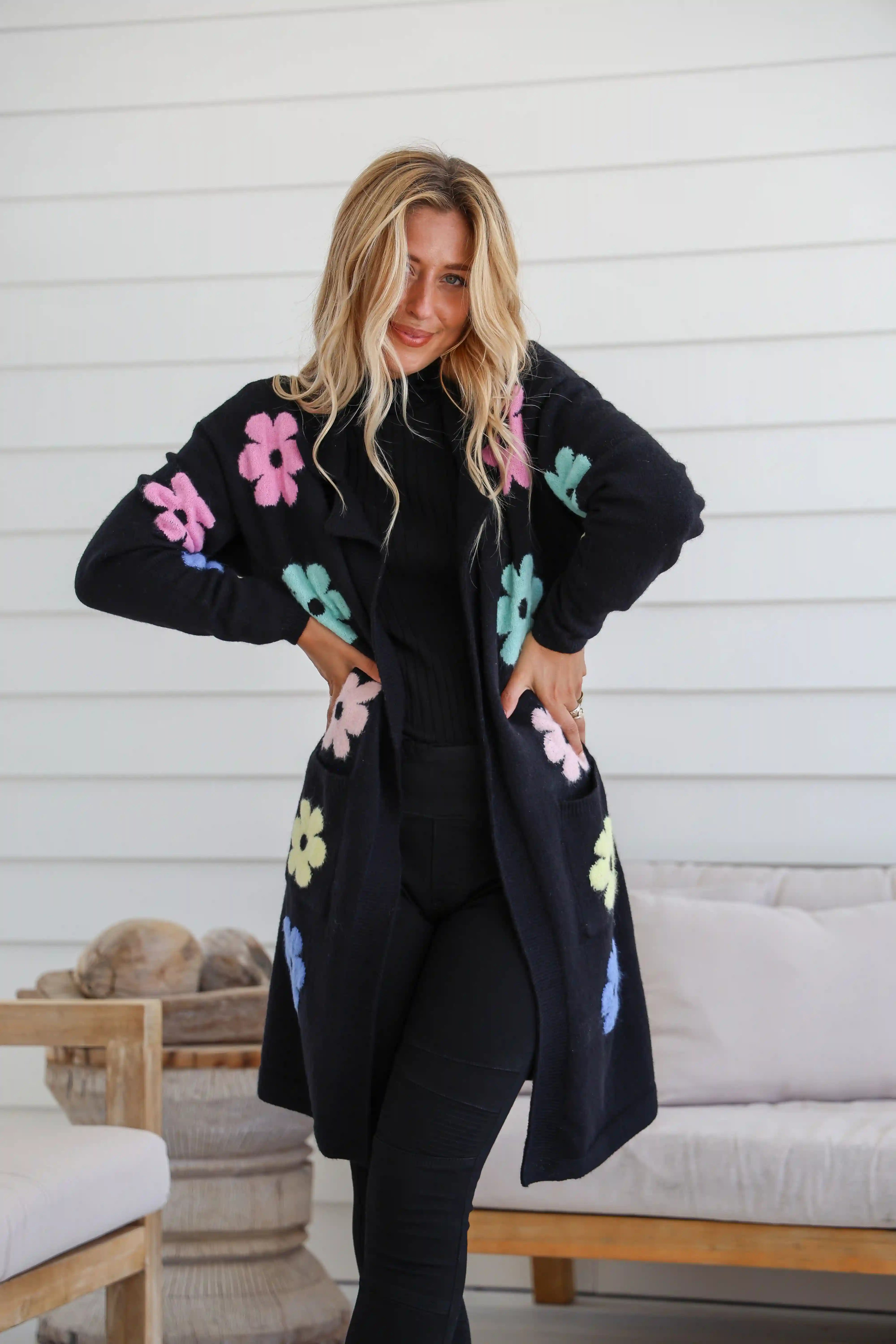 Flower Power Knit Cardigan - Black