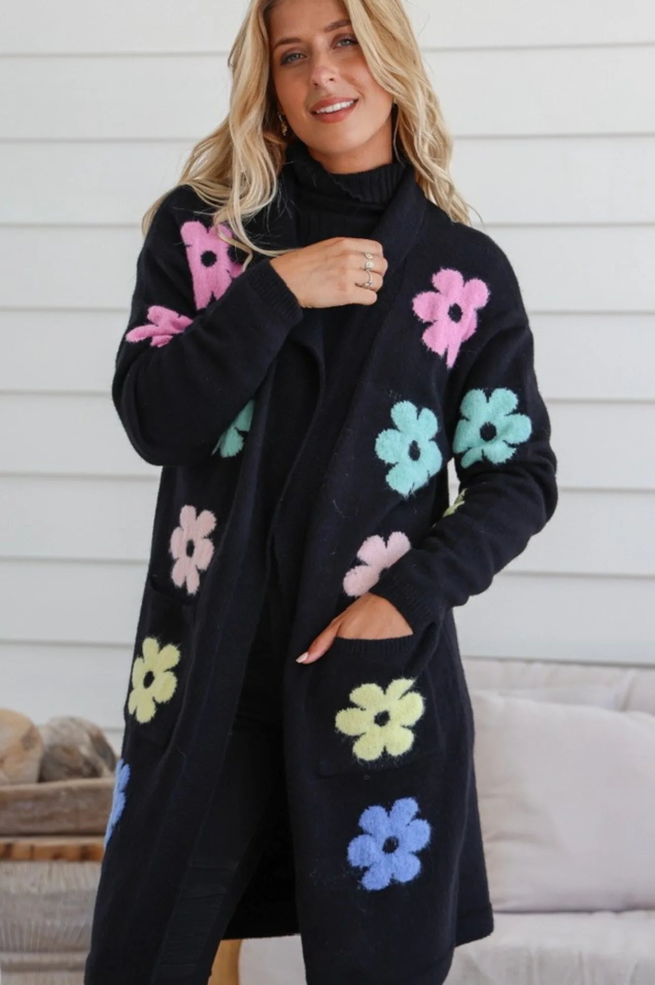 Flower Power Knit Cardigan - Black