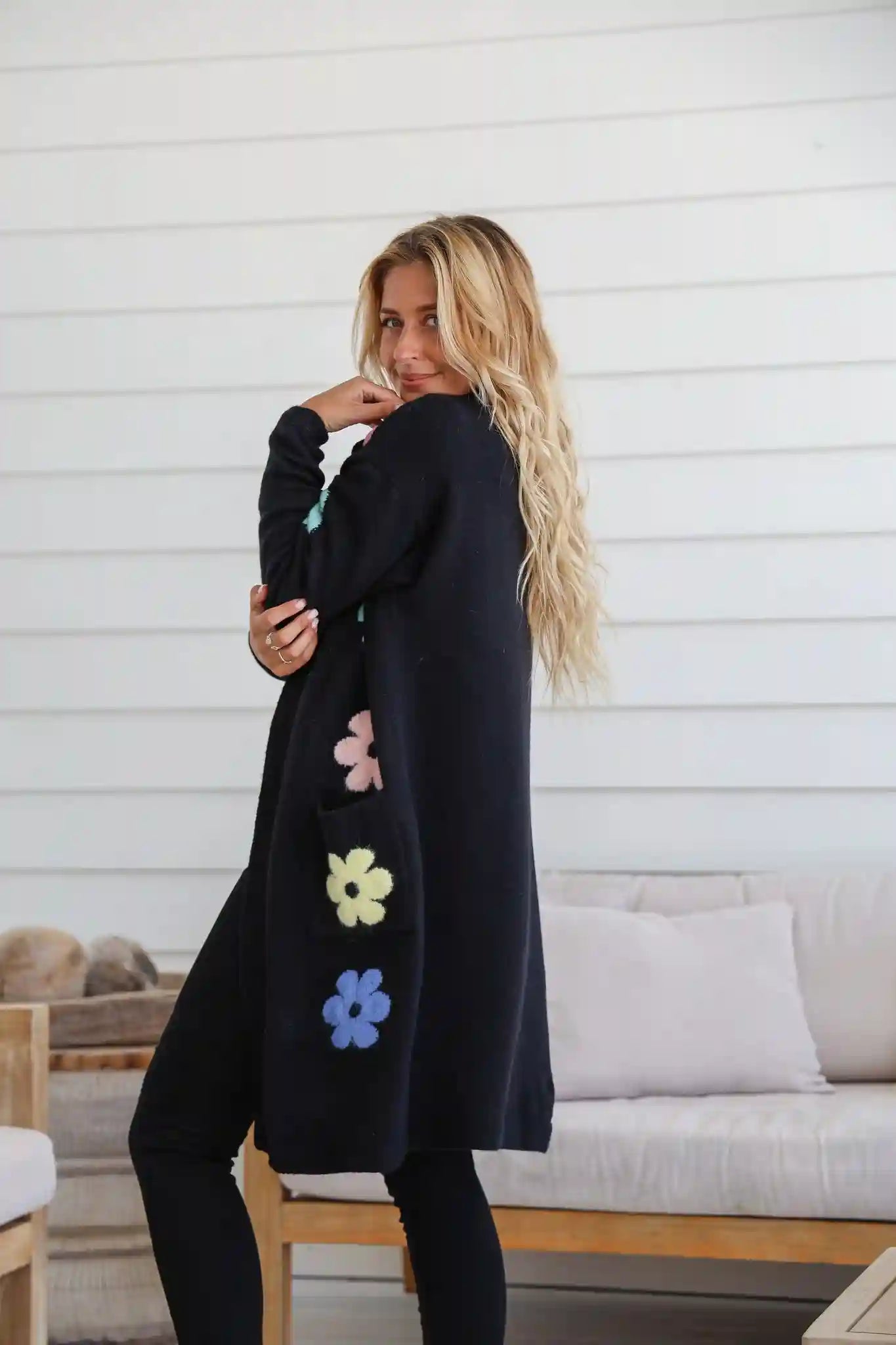 Flower Power Knit Cardigan - Black