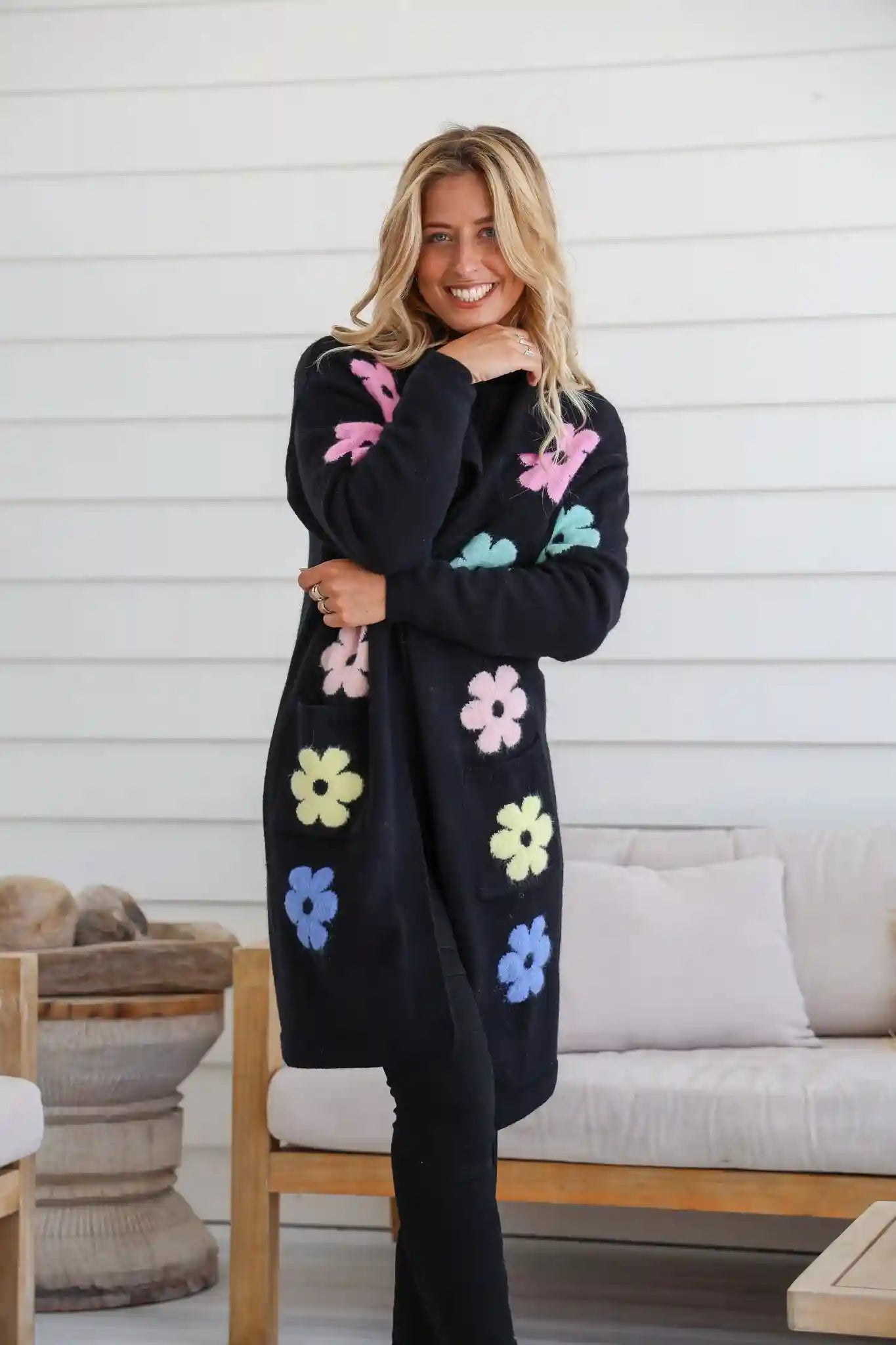 Flower Power Knit Cardigan - Black