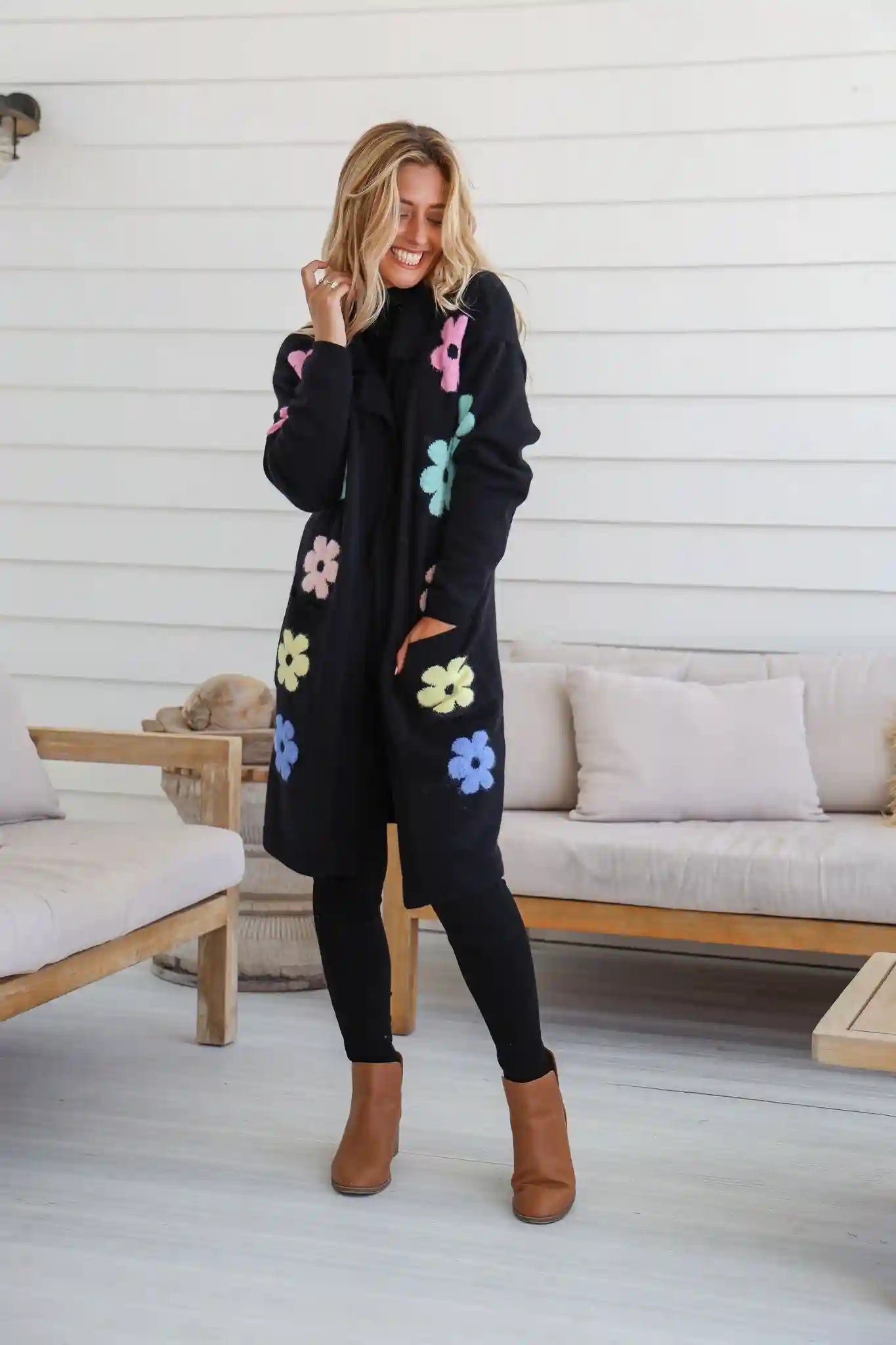 Flower Power Knit Cardigan - Black