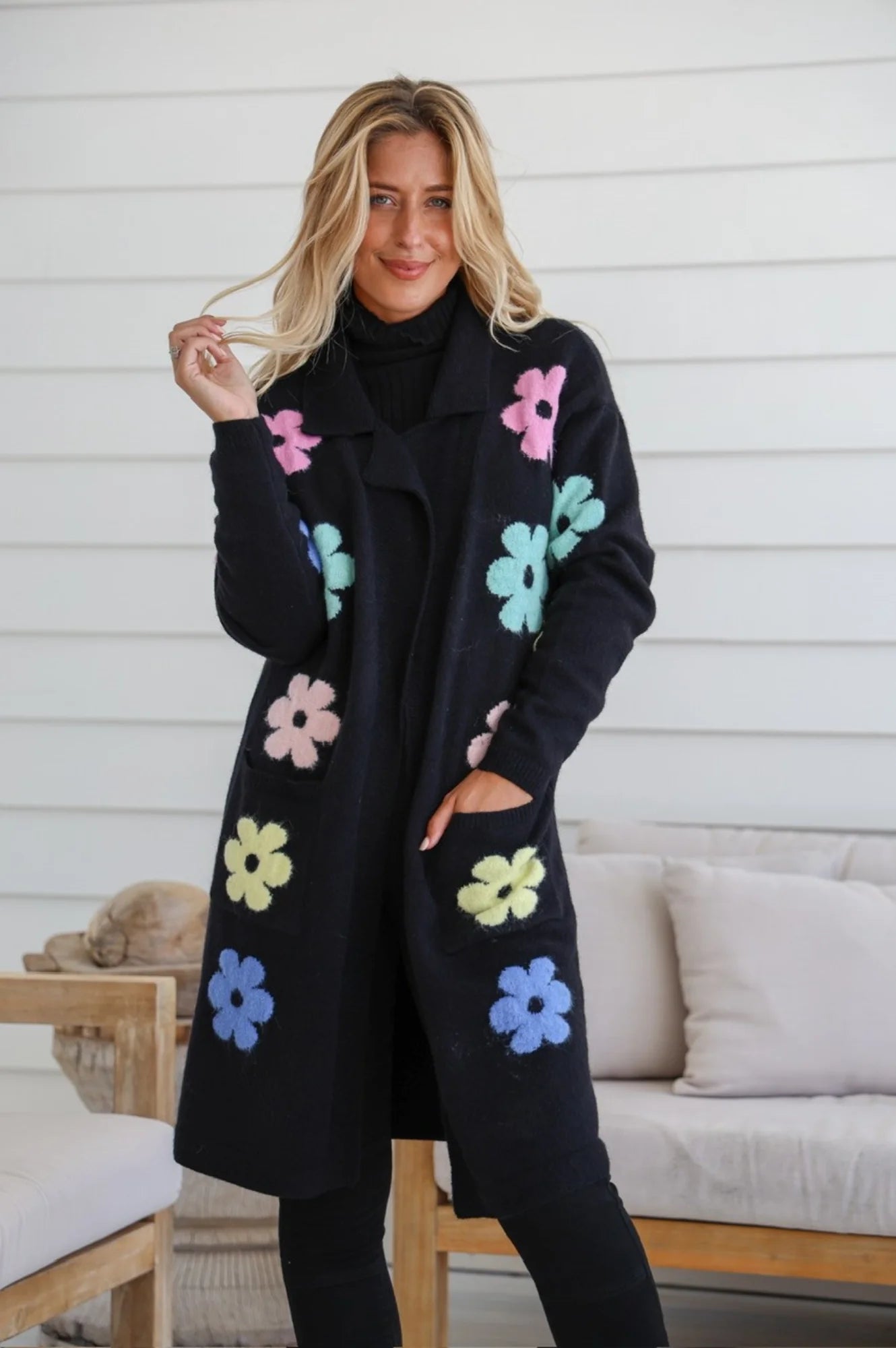 Flower Power Knit Cardigan - Black