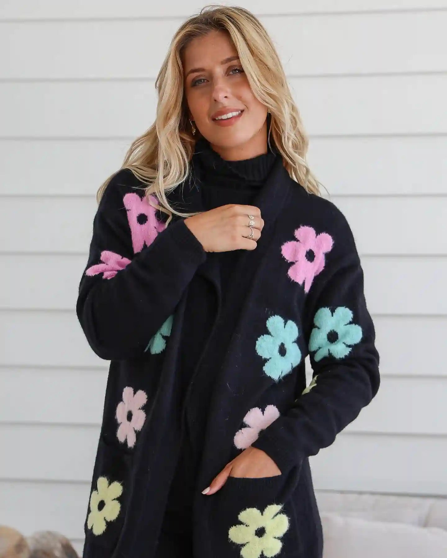 Flower Power Knit Cardigan - Black