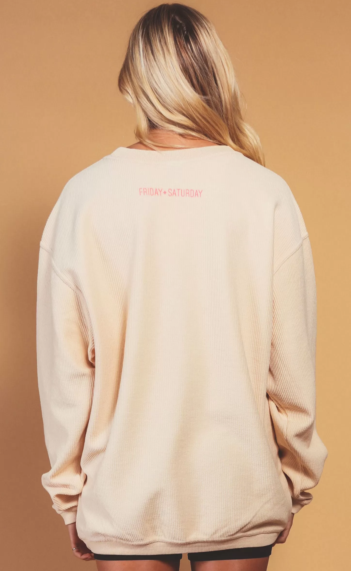 friday + saturday: big nap girl corded sweatshirt - hot pink/beige