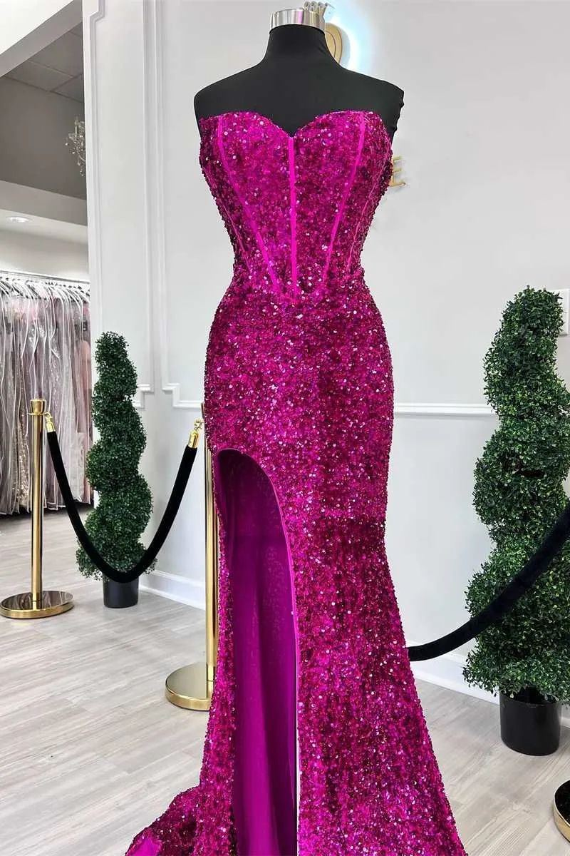 Fuchsia Sequin Strapless Mermaid Long Prom Dress with Slit