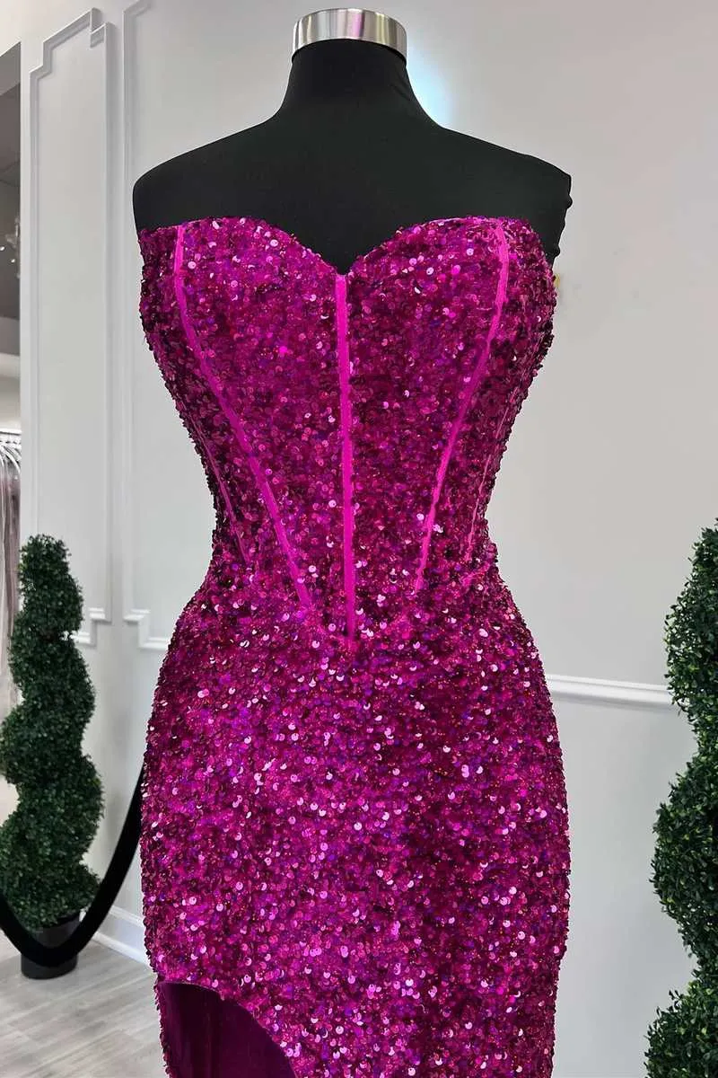 Fuchsia Sequin Strapless Mermaid Long Prom Dress with Slit