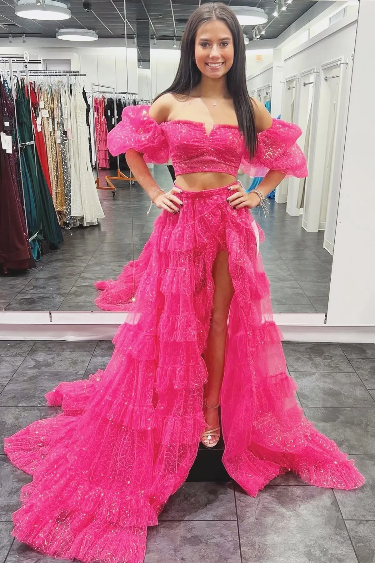 Fuchsia Two-Piece Puff Sleeve Ruffle Glitter Prom Dress with Slit