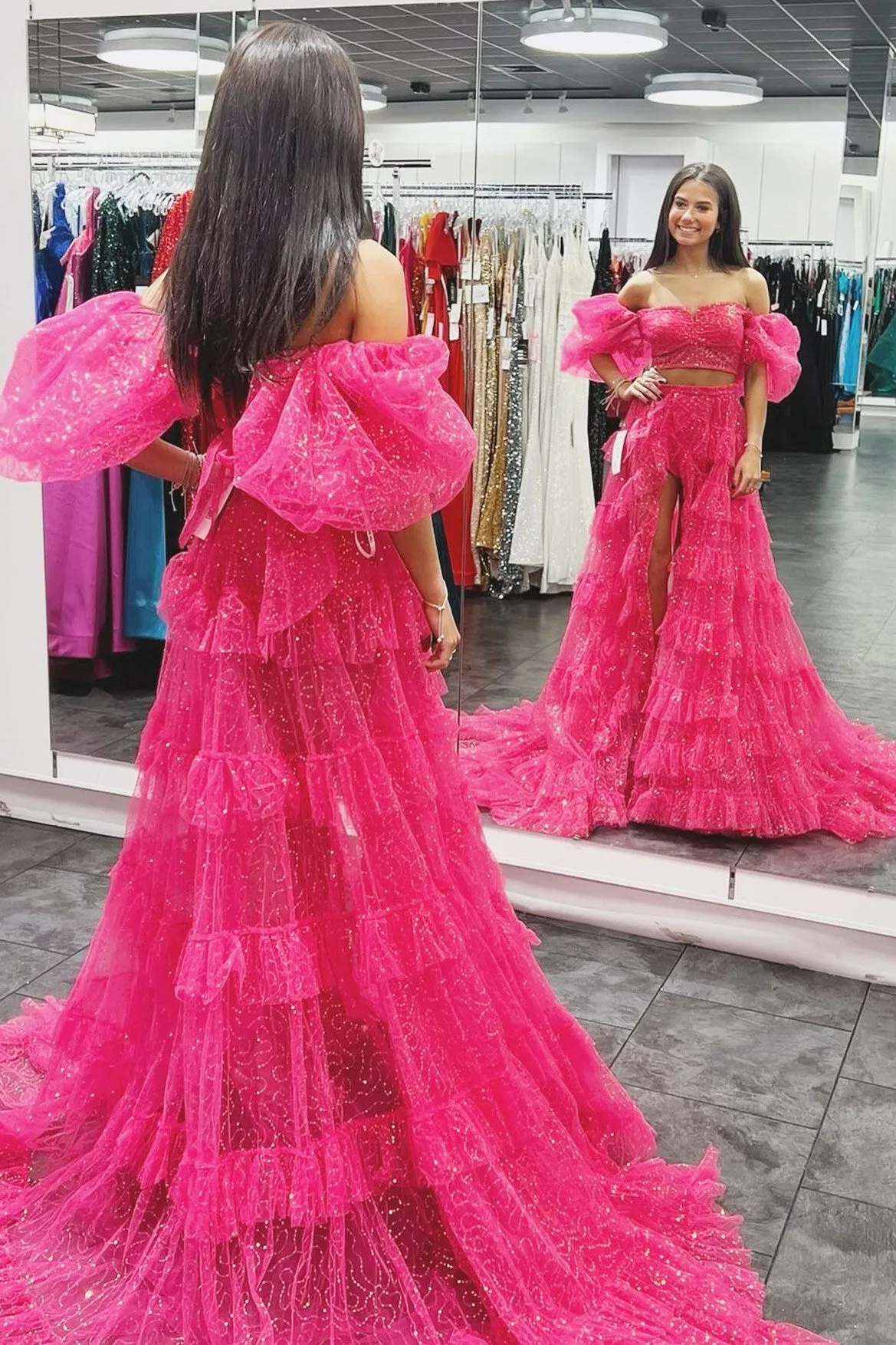 Fuchsia Two-Piece Puff Sleeve Ruffle Glitter Prom Dress with Slit