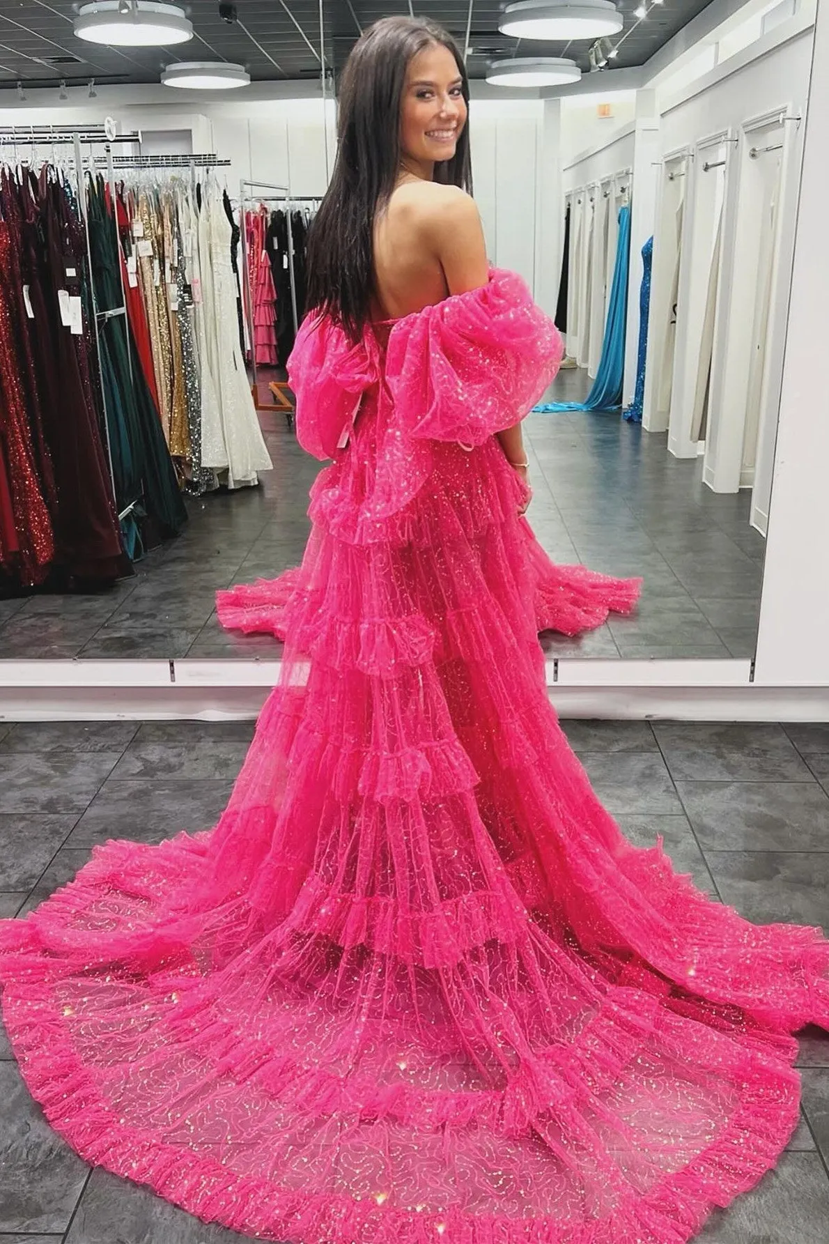 Fuchsia Two-Piece Puff Sleeve Ruffle Glitter Prom Dress with Slit