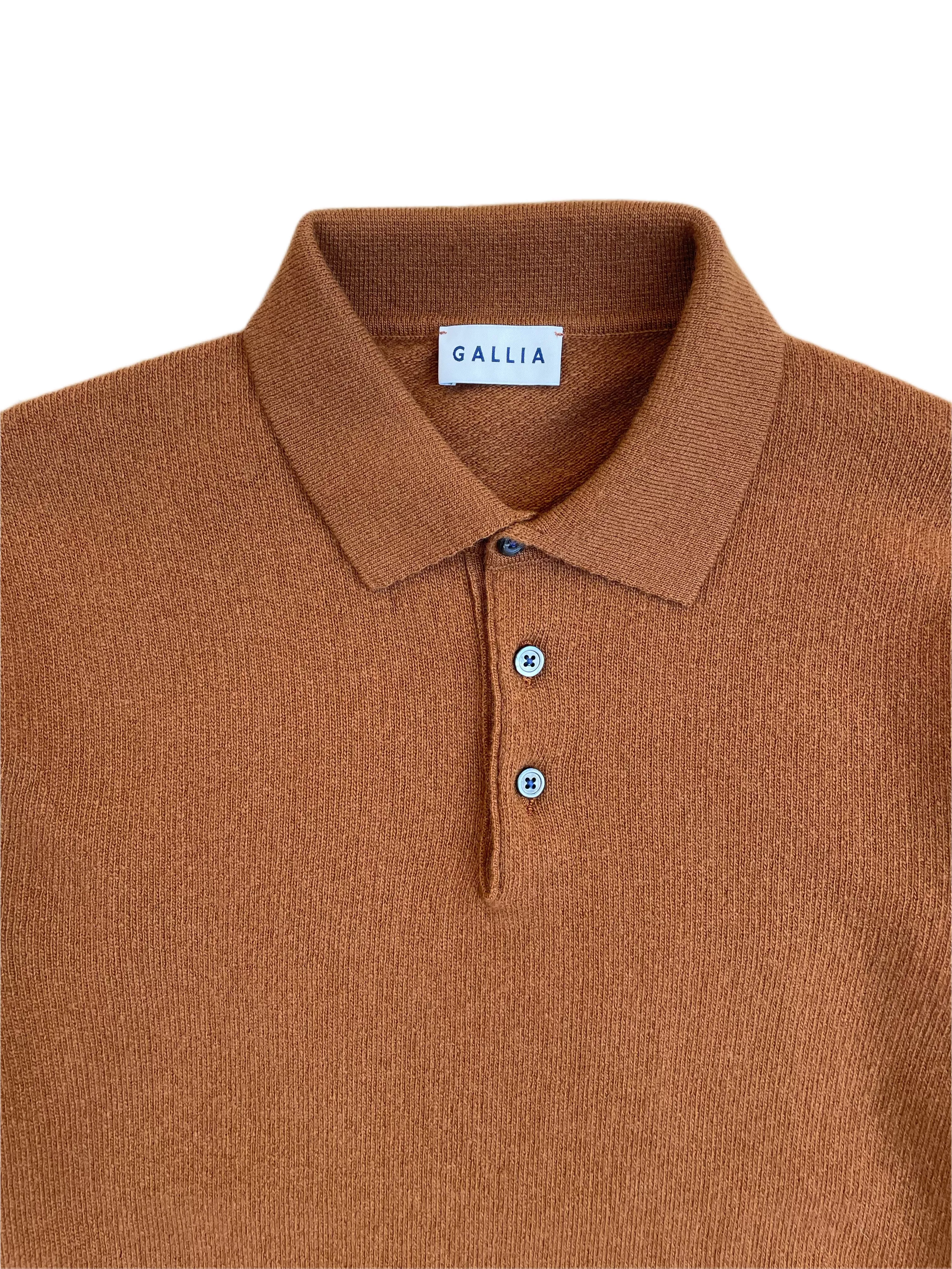 GALLIA Rossi Knit Long-sleeved Wool Polo Shirt Camel