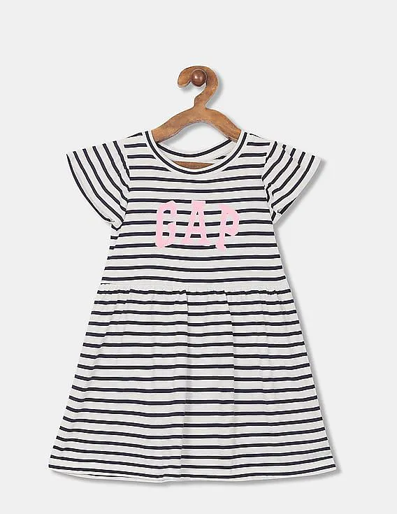 GAP Girls White And Navy Round Neck Striped Flared Dress