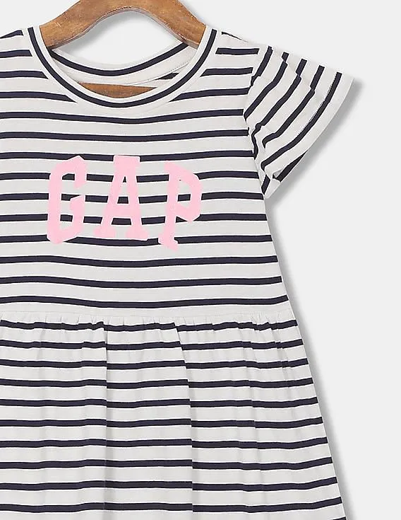 GAP Girls White And Navy Round Neck Striped Flared Dress