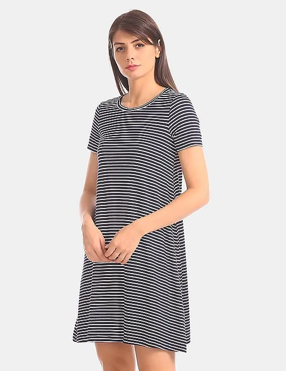 GAP Women Blue Viscose Stretch Striped T-Shirt Dress