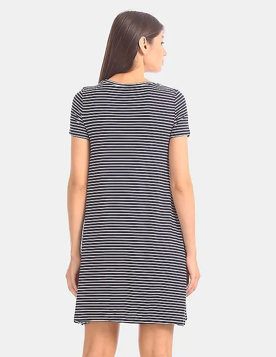 GAP Women Blue Viscose Stretch Striped T-Shirt Dress