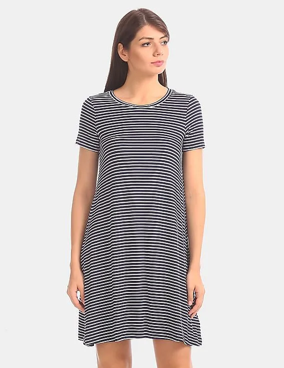 GAP Women Blue Viscose Stretch Striped T-Shirt Dress