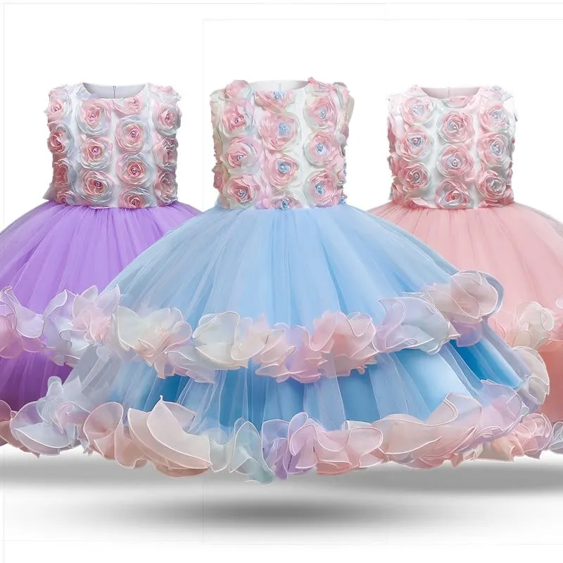 Girls Flower Princess Lace Mesh Appliques Elegant Ceremonies Party Kids Bridesmaid Tutu Prom Gown Wedding Dress