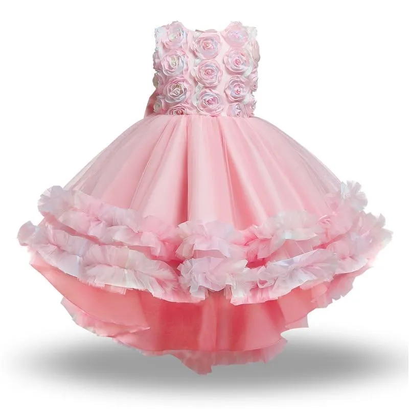 Girls Flower Princess Lace Mesh Appliques Elegant Ceremonies Party Kids Bridesmaid Tutu Prom Gown Wedding Dress