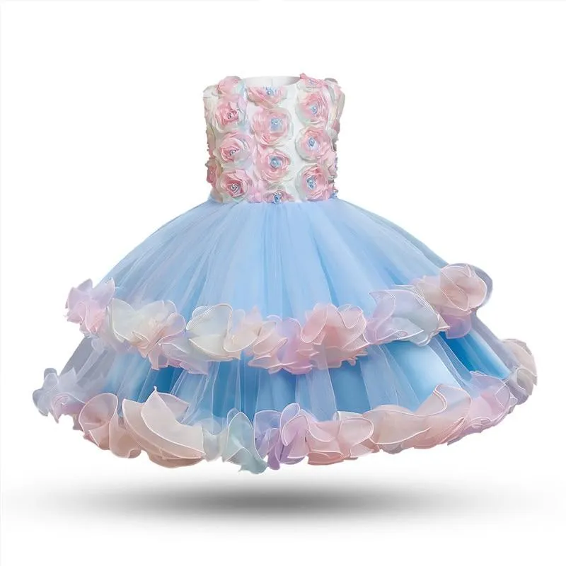 Girls Flower Princess Lace Mesh Appliques Elegant Ceremonies Party Kids Bridesmaid Tutu Prom Gown Wedding Dress