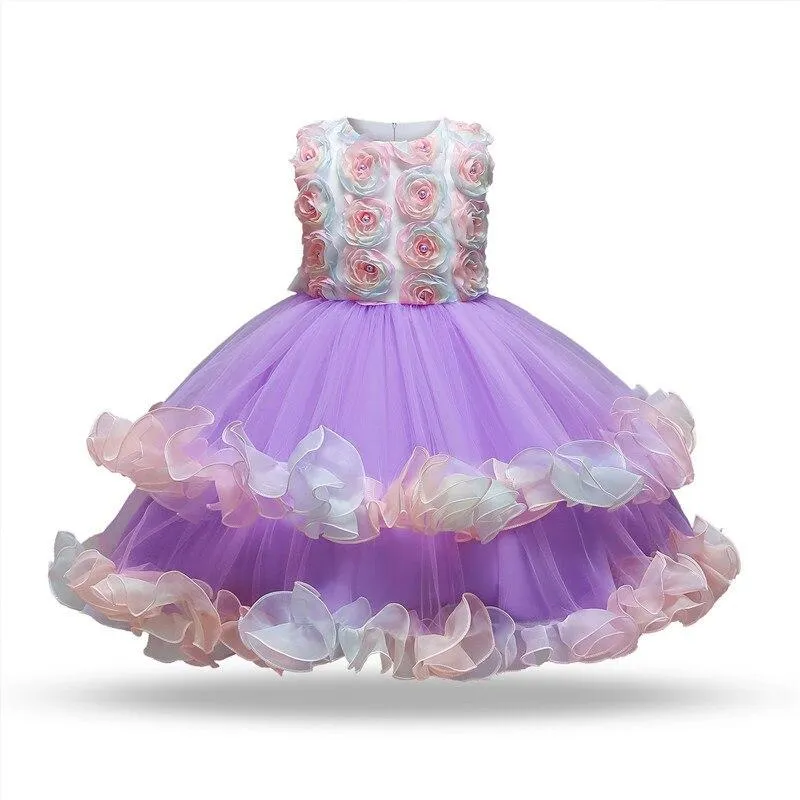 Girls Flower Princess Lace Mesh Appliques Elegant Ceremonies Party Kids Bridesmaid Tutu Prom Gown Wedding Dress