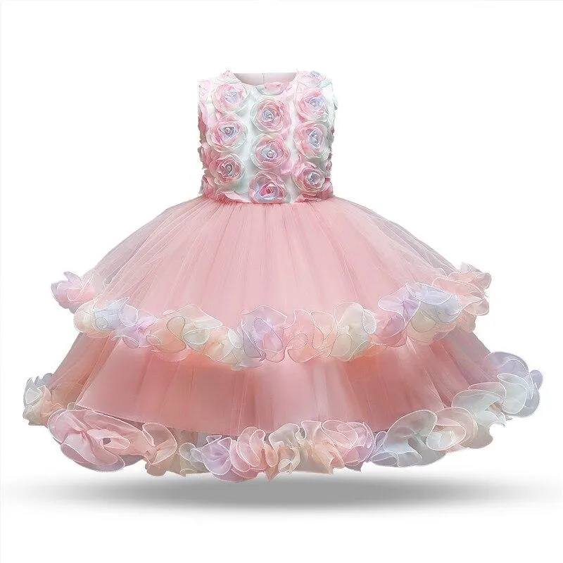 Girls Flower Princess Lace Mesh Appliques Elegant Ceremonies Party Kids Bridesmaid Tutu Prom Gown Wedding Dress