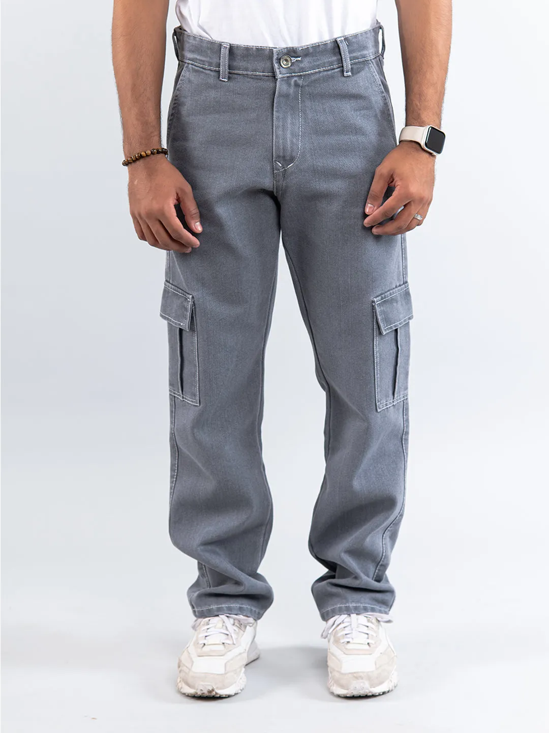 Grey Straight Fit Cargo Denim Jeans