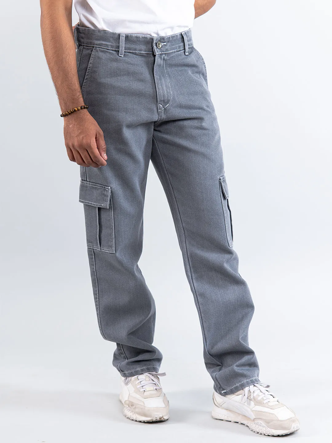 Grey Straight Fit Cargo Denim Jeans