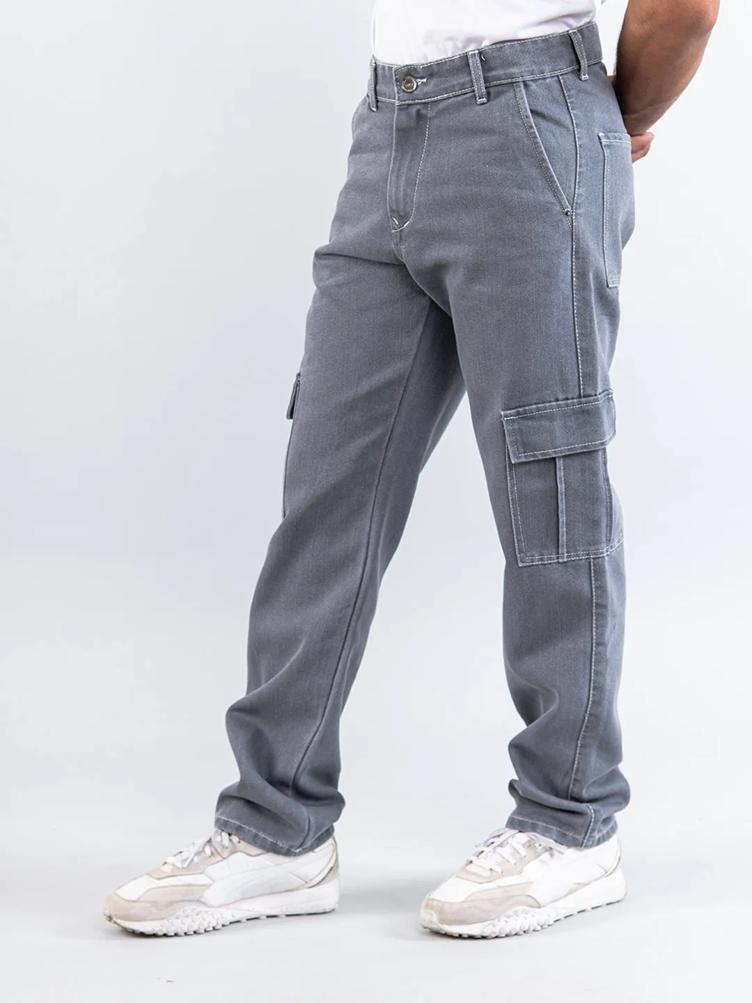 Grey Straight Fit Cargo Denim Jeans